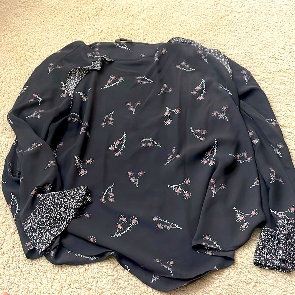Long sleeve, grey dress shirt with pink and white flowers.